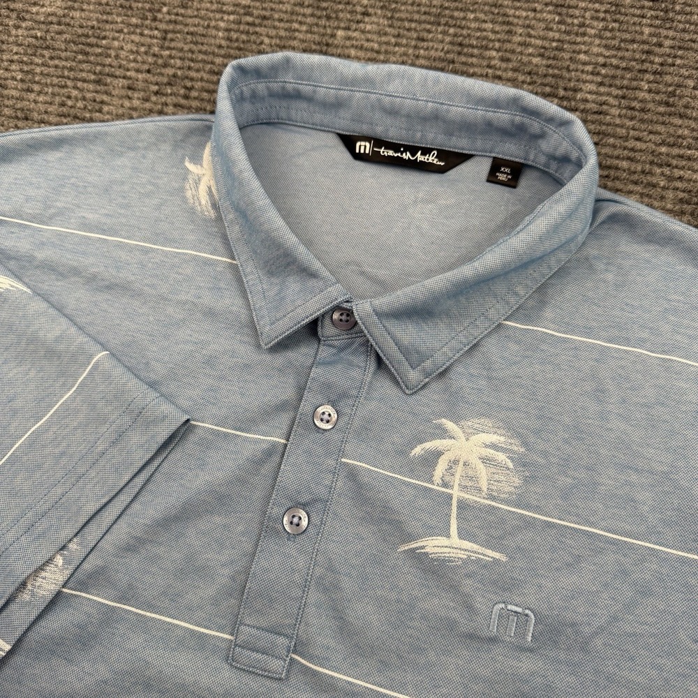 Travis Mathew Polo Shirt Men's 2XL Blue White Palm Trees Performance Golf Tech